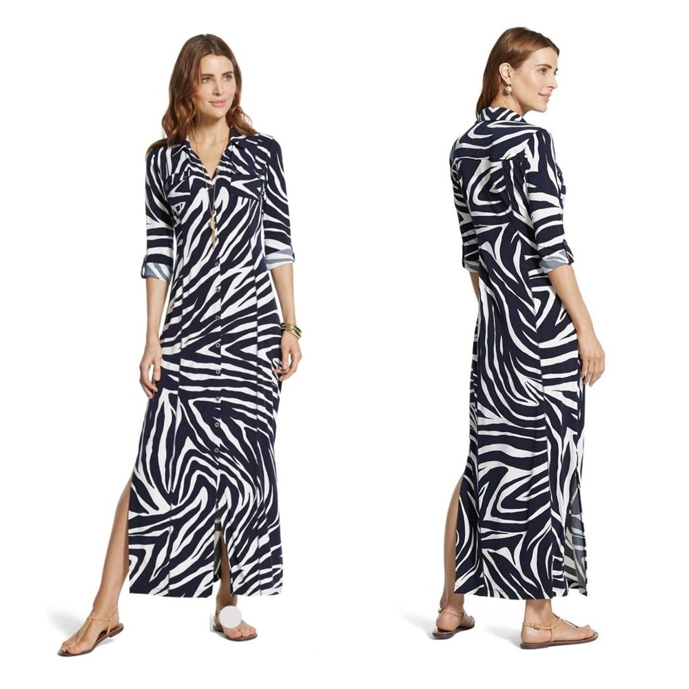 Chicos Zebra Maxi Dress Shirtdress 3 XL 16